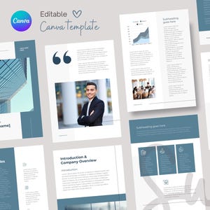 May include: A collection of business document templates in shades of blue and white. The templates include text, charts, and images, with the Canva logo and the text "Editable Canva Template". One template features a photo of a man in a suit.
