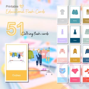 May include: A set of 51 printable educational flash cards featuring clothing items. The cards display illustrations of various garments, including a t-shirt, shorts, trousers, jeans, dress, skirt, jumper, and more. The cards are arranged on a light background.