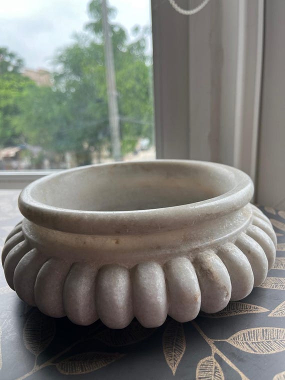 Handmade White Marble Bowl, Decorative Carved Stone Bowl, Vintage Style Home Decor • Free Gift Incl.