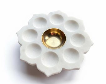 Marble Candle Stand with Brass Holder Lotus Design Tealight Holder Decorative Centerpiece • Free Gift Incl.