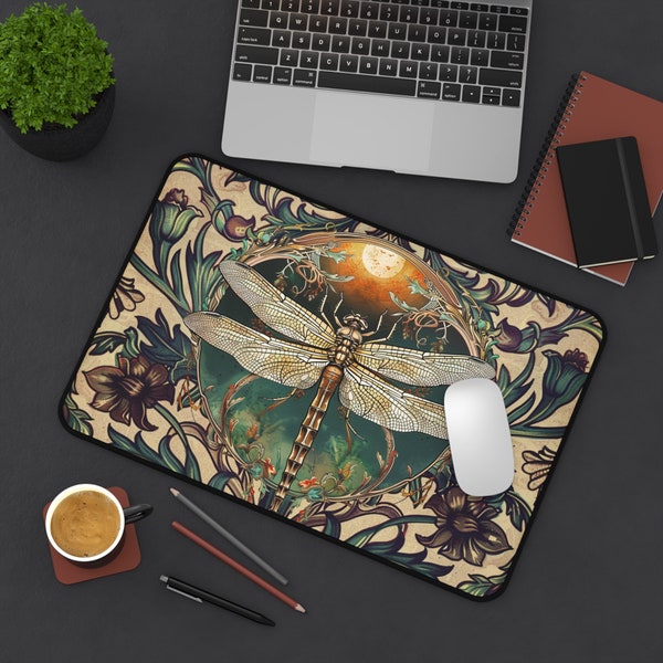 Desk mat Dragonfly Moon accessories Arts and Crafts era floral Artistic office gift mousepad Unique workspace deskmat decor