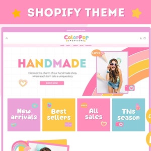 Op de afbeelding: Een website-ontwerp voor een Shopify-thema, met een roze en wit kleurenschema. De website toont de tekst "HANDMADE" en bevat secties voor nieuwe items, bestsellers en uitverkoop. Het ontwerp bevat ook een foto van een persoon met een zonnebril.