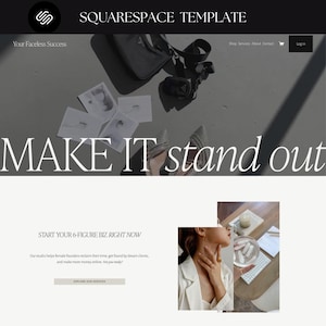 May include: A website homepage with the text "MAKE IT stand out" in large white font. The text "START YOUR 6-FIGURE BIZ RIGHT NOW" is below the main text. The text "Our studio helps female founders reclaim their time, get found by dream clients, and make more money online. Are you ready?" is below the heading. The text "EXPLORE OUR SERVICES" is below the paragraph. The image also includes a photo of a woman wearing a white shirt and gold jewellery.