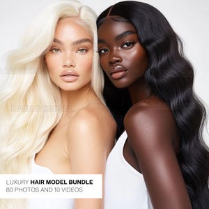 May include: Two women with long, flowing hair. One woman has blonde hair and the other has black hair. They are both wearing white tank tops. The text "LUXURY HAIR MODEL BUNDLE 80 PHOTOS AND 10 VIDEOS" is at the bottom of the image.