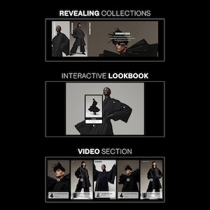 Op de afbeelding: Een zwart-witte digitale magazine mockup met de tekst "REVEALING COLLECTIONS" en "STATEMENT PIECES" bovenaan. Het magazine toont een model dat een zwarte outfit draagt met een grote zwarte hoed. Het magazine bevat ook een sectie genaamd "INTERACTIVE LOOKBOOK" met een model dat een zwarte outfit draagt en een sectie genaamd "VIDEO SECTION" met een reeks video-thumbnails met modellen die zwarte outfits dragen.