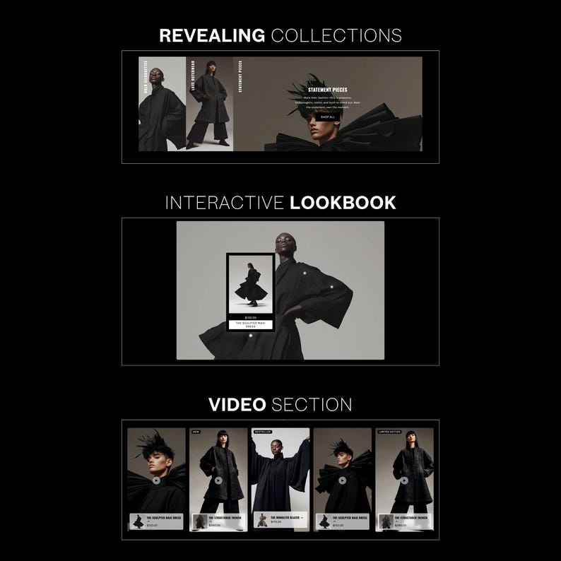 Op de afbeelding: Een zwart-witte digitale magazine mockup met de tekst "REVEALING COLLECTIONS" en "STATEMENT PIECES" bovenaan. Het magazine toont een model dat een zwarte outfit draagt met een grote zwarte hoed. Het magazine bevat ook een sectie genaamd "INTERACTIVE LOOKBOOK" met een model dat een zwarte outfit draagt en een sectie genaamd "VIDEO SECTION" met een reeks video-thumbnails met modellen die zwarte outfits dragen.