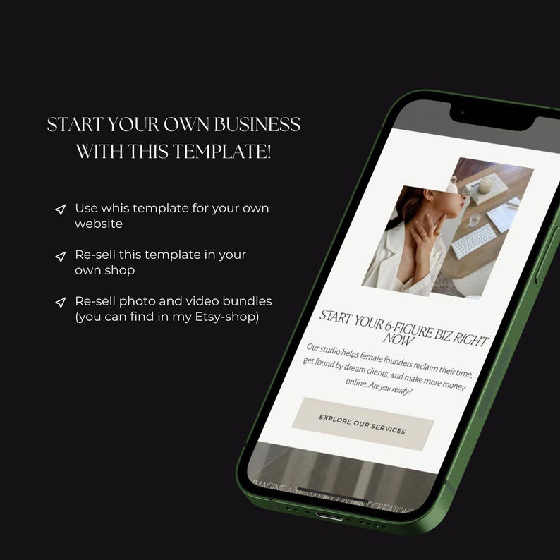 Puede incluir: Una maqueta de tel&eacute;fono m&oacute;vil que muestra una plantilla de sitio web para mujeres emprendedoras. El sitio web presenta una llamada a la acci&oacute;n para "Explorar nuestros servicios" y el texto "Comienza tu negocio de 6 cifras ahora mismo".