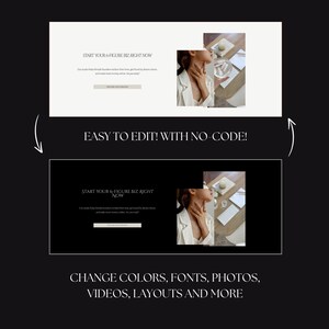 Puede incluir: Una maqueta de sitio web con un esquema de color blanco y negro. El texto en el sitio web dice "Start your 6-figure biz right now". El sitio web es f&aacute;cil de editar sin c&oacute;digo. Puedes cambiar colores, fuentes, fotos, videos, dise&ntilde;os y m&aacute;s.