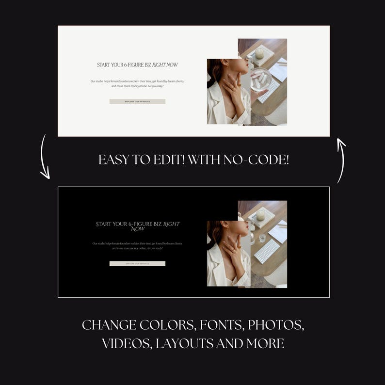 Puede incluir: Una maqueta de sitio web con un esquema de color blanco y negro. El texto en el sitio web dice "Start your 6-figure biz right now". El sitio web es f&aacute;cil de editar sin c&oacute;digo. Puedes cambiar colores, fuentes, fotos, videos, dise&ntilde;os y m&aacute;s.