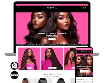 May include: A website homepage for a hair extensions company called Rose Luxe. The website features a pink background with a model wearing long black hair extensions. The text "Embrace your crown with confidence" is displayed on the homepage. The website also features a section for "Shop Best Sellers".