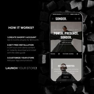 Op de afbeelding: Een zwart-witte afbeelding van een mobiel telefoonscherm waarop een website voor een kledingmerk genaamd "Sonder" wordt weergegeven. De website toont een model dat een zwarte jurk draagt en de tekst "Power. Presence. Sonder." De website bevat ook een knop "Shop the Edit" en een sectie met de titel "Bold Silhouettes".