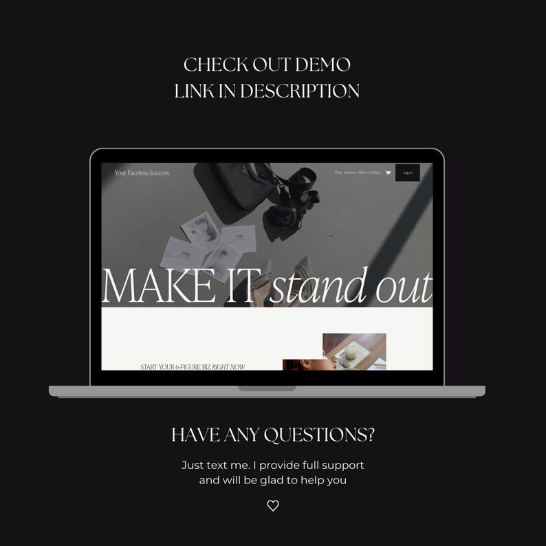 Puede incluir: Una pantalla de computadora port&aacute;til que muestra un sitio web con el texto "MAKE IT stand out" y las palabras "Your Faceless Success" y "Start your 6-figure biz right now". El sitio web tiene un fondo gris claro con una foto de una c&aacute;mara y otros objetos.