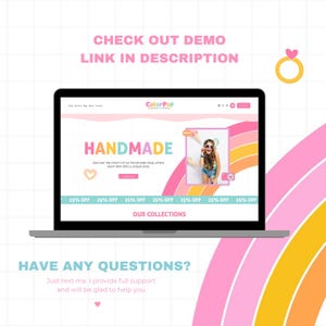 May include: A laptop computer screen displaying a website with the text "ColorPop Essentials" and "HANDMADE". The website features a rainbow design and a photo of a woman wearing sunglasses and a denim shirt. The text "25% OFF" is repeated multiple times on the screen. The text "OUR COLLECTIONS" is also displayed on the screen. The laptop is on a white background with a pink and yellow rainbow design.