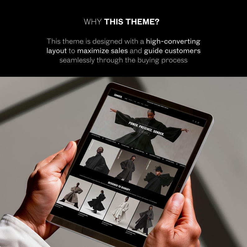 Op de afbeelding: Een tabletcomputer die een website weergeeft met een zwart-wit kleurenschema. De website toont een modemerk genaamd "Sonder" met de slogan "Power. Presence. Sonder." en de tekst "Designed to Disrupt".