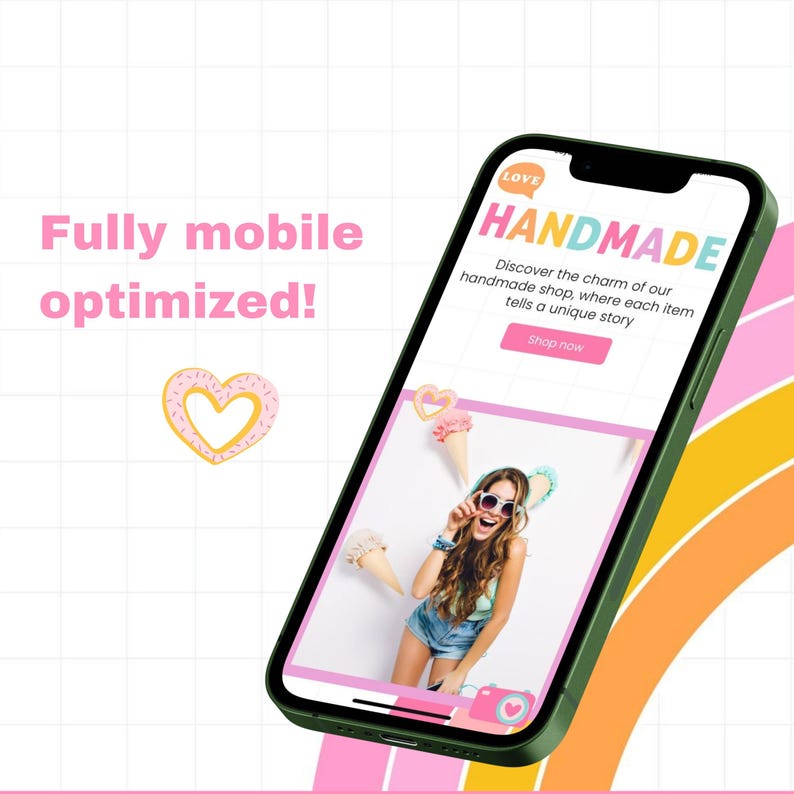 May include: A mobile phone screen displaying a website for a handmade shop. The website features a pink background with the text "LOVE HANDMADE" in a colourful font. The text below reads "Discover the charm of our handmade shop, where each item tells a unique story." A button labelled "Shop now" is at the bottom of the screen. The image on the phone screen shows a woman wearing sunglasses and a denim skirt, holding a heart-shaped ice cream cone.