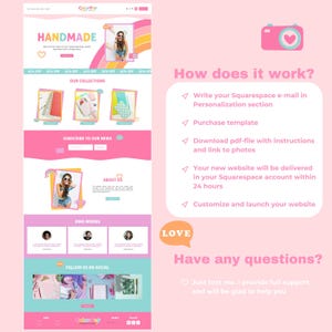 May include: A pink and white website design template for Squarespace. The template features a colourful, handmade aesthetic with a focus on selling handmade goods. The website includes sections for collections, about us, kind words, and follow us on social media. The website also includes a call to action to subscribe to the newsletter.