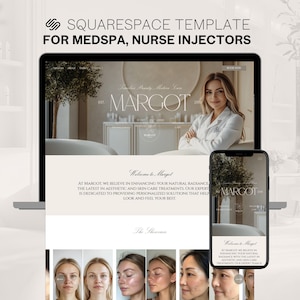 Könnte beinhalten: Ein Screenshot einer Website für ein Med Spa namens Margot. Die Website hat einen weißen Hintergrund mit einem schlichten Design und ein Foto einer Frau in einem weißen Gewand. Der Text "Willkommen bei Margot" wird in großer Schrift oben auf der Seite angezeigt. Die Website enthält auch eine Fotogalerie mit Vorher-Nachher-Fotos von Kunden, die Behandlungen im Spa erhalten haben.