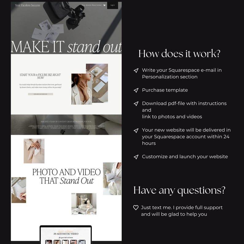 Puede incluir: Plantilla de dise&ntilde;o de sitio web para Squarespace con un esquema de color blanco y negro con el texto "MAKE IT stand out" y "PHOTO AND VIDEO THAT Stand Out".