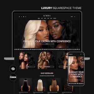 May include: A website homepage for a hair extensions company called Lunura. The website features a black and white color scheme with a large image of two women with long, flowing hair. The text "Embrace your crown with confidence" is displayed in large, bold letters. The website also features a section called "Shop Bestsellers" with images of different hair extensions.