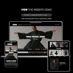 Op de afbeelding: Een schermafbeelding van een zwart-witte modewebsite met de tekst "POWER. PRESENCE. SONDER." en een model dat een zwarte jurk draagt. De website toont ook een mobiele telefoon en een tablet waarop dezelfde website wordt weergegeven.