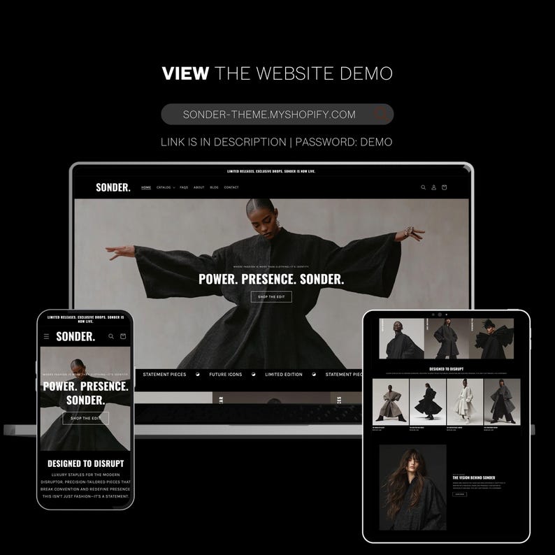 Op de afbeelding: Een schermafbeelding van een zwart-witte modewebsite met de tekst "POWER. PRESENCE. SONDER." en een model dat een zwarte jurk draagt. De website toont ook een mobiele telefoon en een tablet waarop dezelfde website wordt weergegeven.