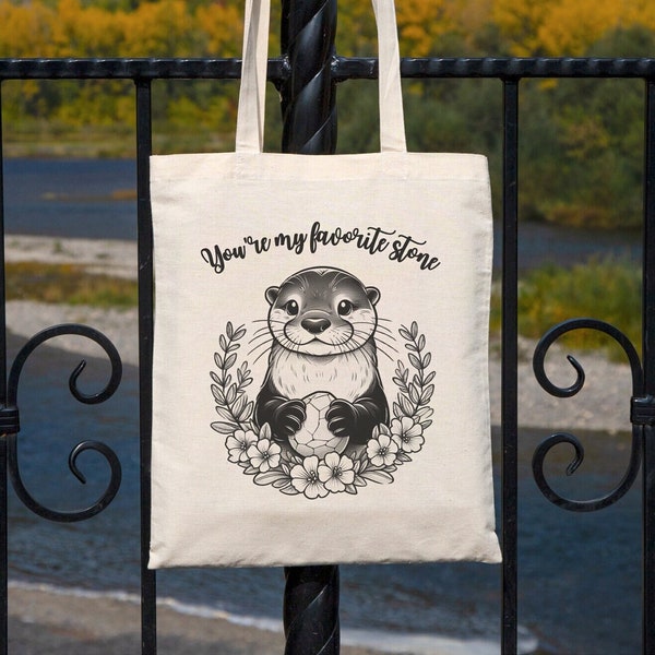 Adorable Otter Tote Bag: 'You're My Favourite Stone' - Unique Design with Flowers - Perfect Gift for Nature Lovers!