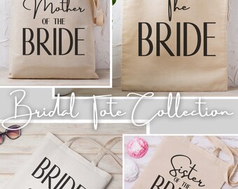 Bridal Squad Tote Collection: Bride, Mother, Sister & Team. Elegant and essential for wedding prep. Make memories last!