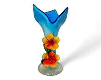 Vintage Robins Egg Blue Art Glass Petal Vase with Orange Flowers that Glow in Blacklight