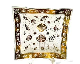 vintage gold belle seashell & seahorse square serving platter dish / tray - mid century - retro beach