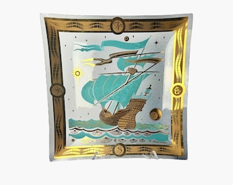 vintage large fred press tray - aqua & gold sailing ship - large square serving platter, mid-century  hors D'oeuvres dish - decorative tray