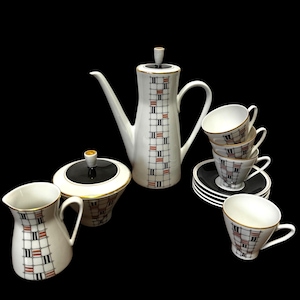 Freiberger Porzellan Coffee Set. Vintage Porcelain Tea Set from Freiberg, Germany, 1960s. Red, White and Black Geometric Design.