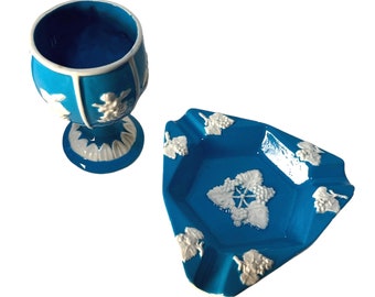 Vintage Ceramic Cupid and Grape Themed Blue & White Made in Italy Ashtray and Goblet (IMPERFECTIONS) -  Hollywood Regency - Unique