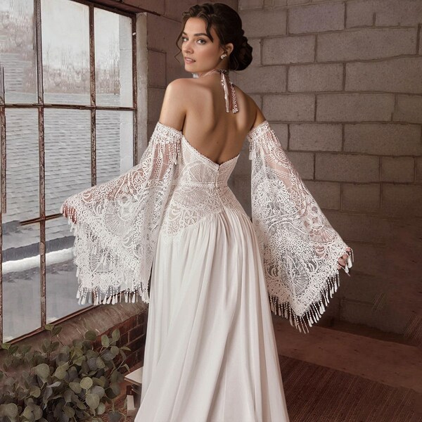 Boho Long Bell Sleeves Lace Wedding Dresses For Women,Sweetheart A Line Wedding Gowns,Sweep Train Open Back Wedding Bridal Dress