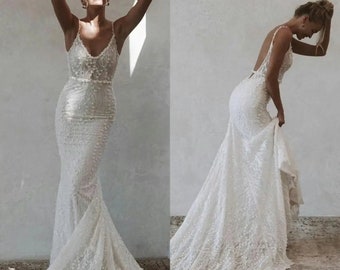 Boho Lace Mermaid Backless Wedding Dress with Illusion Low Back | Custom Bridal Gown for Unique, Simple Bride | Bridal Gift Idea