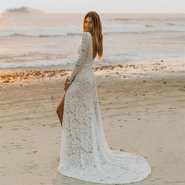 Beach Wedding Dress | Vintage A-line | Boat Neck | Classic & Graceful | Floor-length Bridal Gown | Elegant Vestidos De Novia