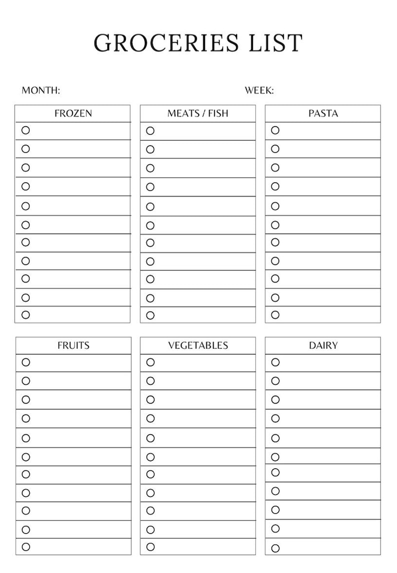 Groceries List Template Meal Plan Printable Instant Download - Etsy
