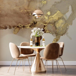 Luxury Gold Marble Wallpaper | Modern Abstract Mural | Liquid Marble Alcohol Ink Decal | Preppy Peel and Stick | Removable Wall Print 262