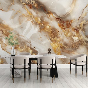 Premium White and Gold Marble Wallpaper | Modern Abstract Gold Mural | Creative Stone | Ceramic Art Wall | Preppy Removable Wall Print 651