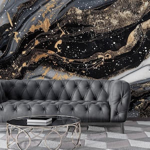 OPULENCE Black and Gold Marble Wallpaper | Modern Abstract Black Mural | Luxury Creative Stone | Ceramic Art Wall | Preppy Wall Print 652