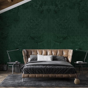 OLD Green Wallpaper | Vintage Wallpaper | Motif Stone Concrete Cement | Antique Mural 350