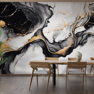 PERFECT Black and Gold Marble Wallpaper | Modern Abstract Black Mural | Luxury Creative Stone | Ceramic Art Wall | Preppy Wall Print 594