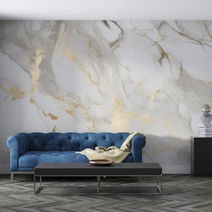 White Gold Marble Wallpaper | Modern Abstract Gold Marble Mural | Luxury Stone Texture | Ceramic Art Wall | Preppy Removable Wall Print 622