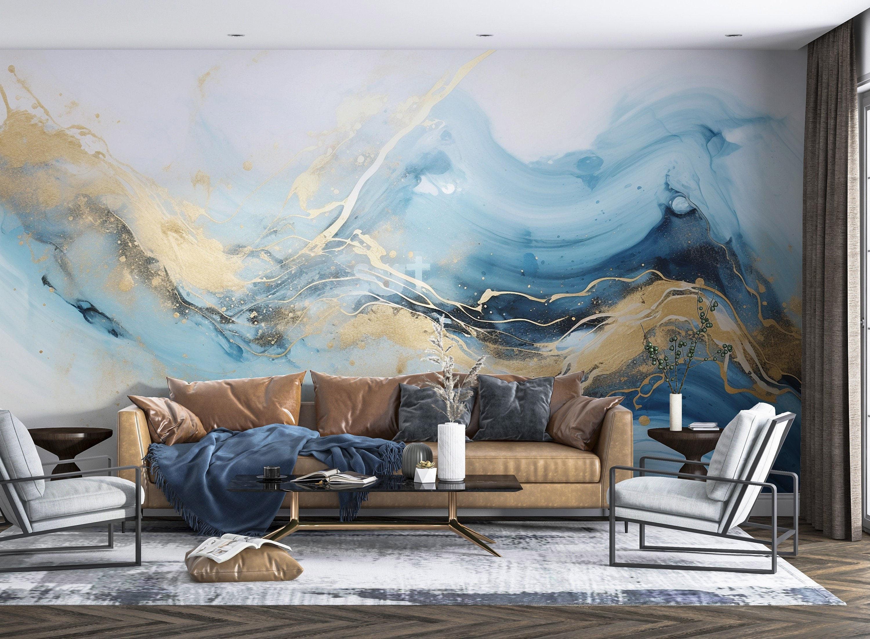Luxurious Gold & Blue Marble Wallpaper - Modern Abstract Stone Mural ...