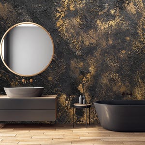 Schwarz und Gold venezianische Stuck Tapete | Modernes Grunge schälen und aufkleben | Abstrakte Abnehmbare Wandkunst | Marmor Wohnzimmer Wandbild 250