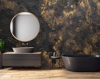 Black and Gold Venetian Stucco Wallpaper | Modern Grunge Peel and Stick | Abstract Removable Wall Art | Marble Living Room Mural 250
