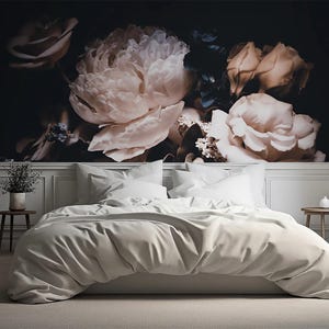 Carta da parati floreale scura, carta da parati botanica scura, stacca e attacca, grandi murales di peonie, bouquet di fiori 664