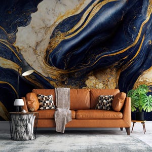 Carta da parati in marmo blu scuro e oro / Murale moderno in marmo blu di lusso / Linee dorate in pietra astratta / Motivo di design blu navy 656
