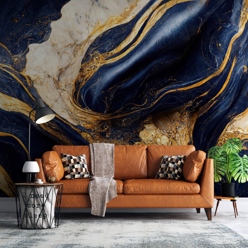 Dark Blue and Gold Marble Wallpaper | Modern Luxury Marble Blue Mural ...