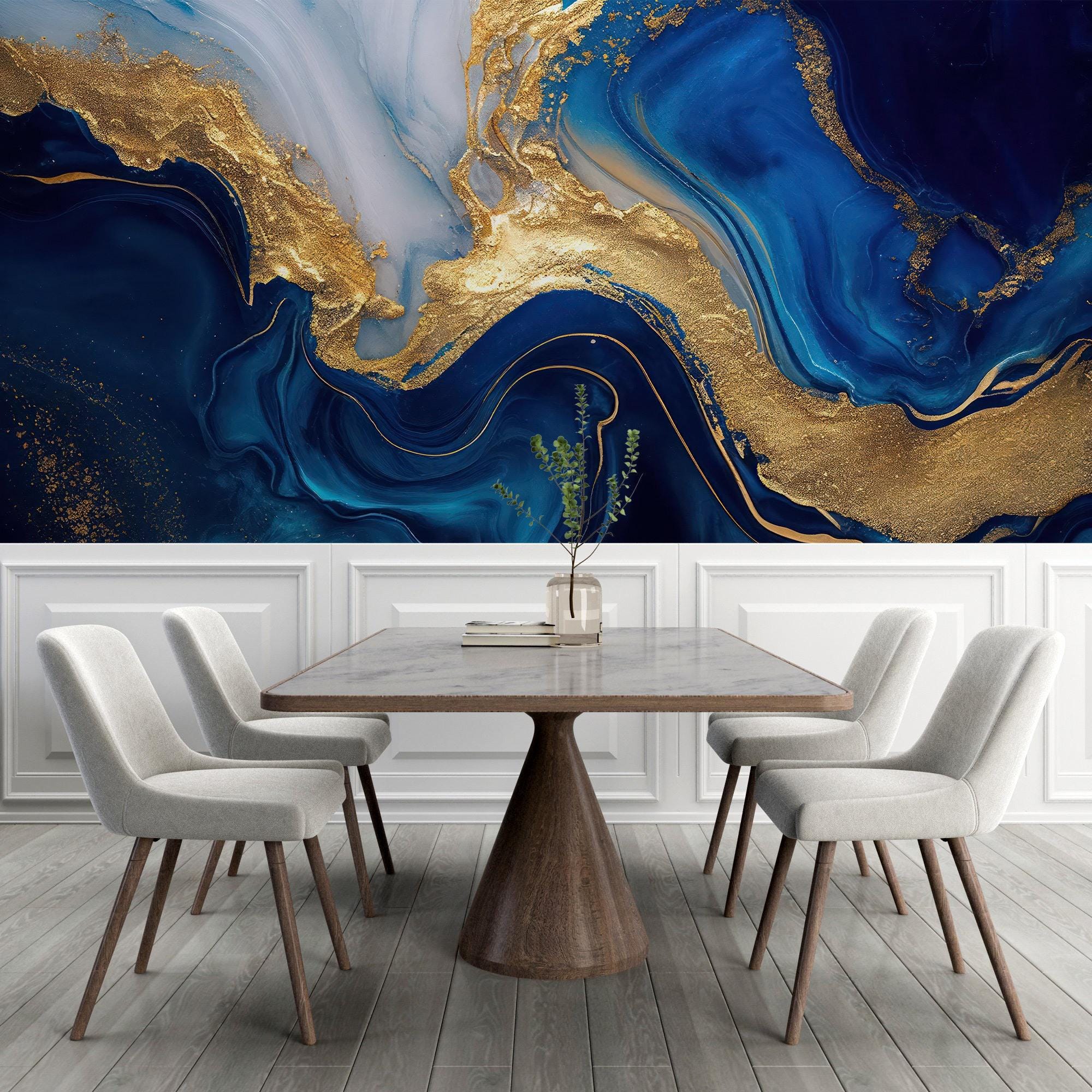 Designer Blue Gold Marble Wallpaper Mural, Unique Home Decor, Great for ...