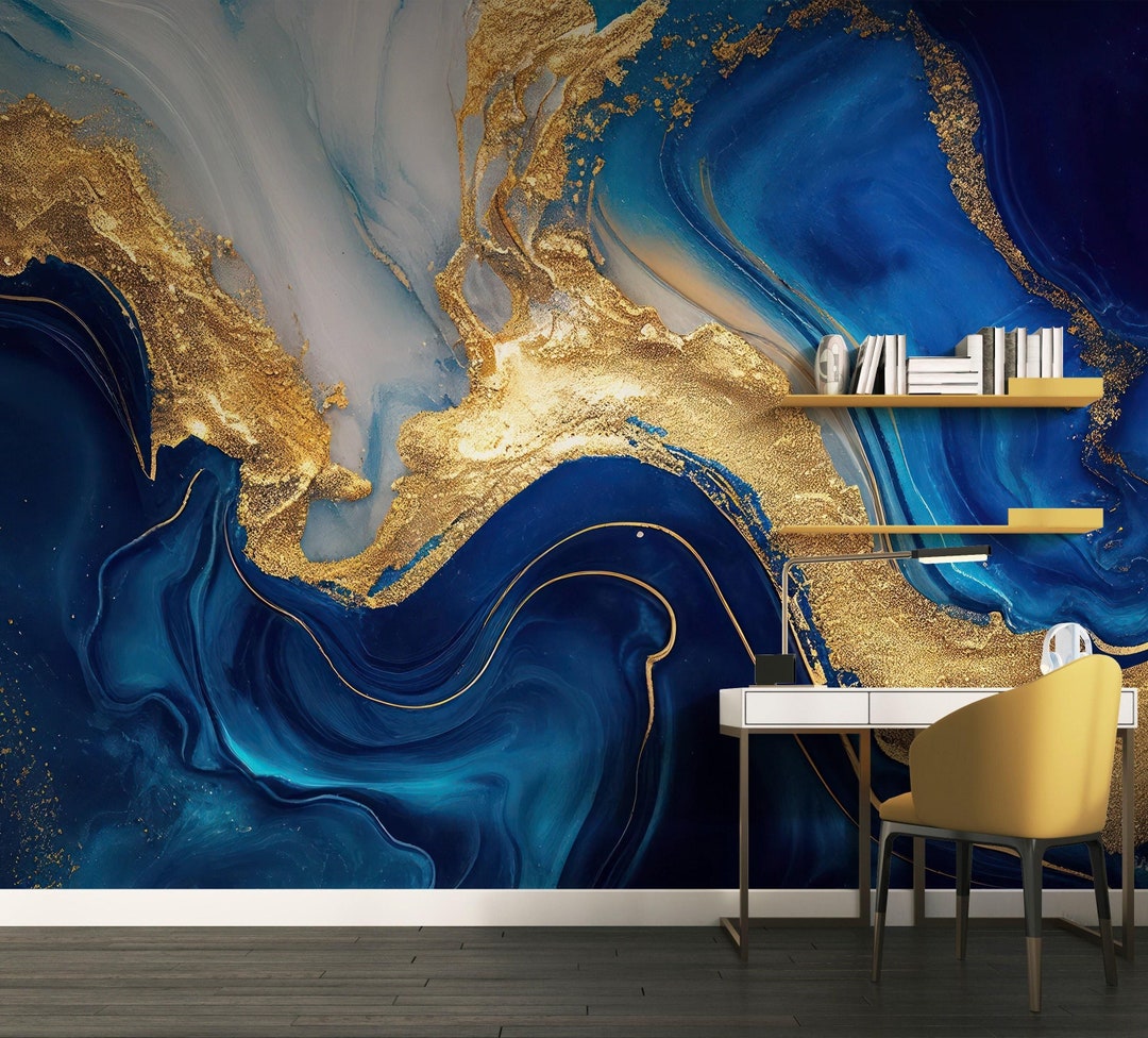 Designer Blue Gold Marble Wallpaper Mural, Unique Home Decor, Great for ...
